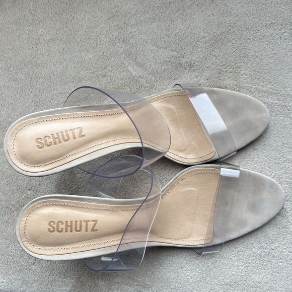 Schutz Ariella Clear Straps Heeled Sandals Beige Leather Inner Sole Women 9.5 B - Picture 6 of 15